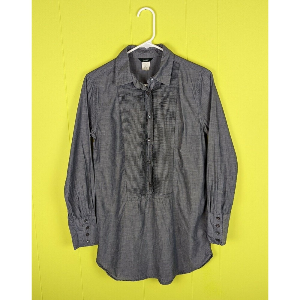 J. Crew Women's XS Cotton Top Tunic Pleated Button Front Wide Cuff Blouse Gray